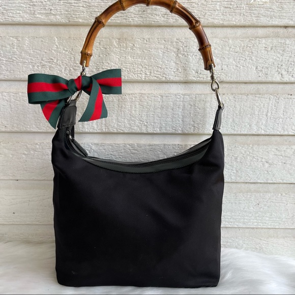 Gucci Handbags - GUCCI Bamboo Black Handle Hobo Shoulder Bag Canvas